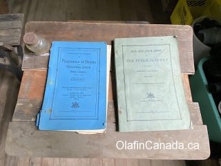 School books from the 30's School books on a desk in the Alice Arm elementary school #olafincanada #britishcolumbia #discoverbc #abandonedbc #alicearm #school