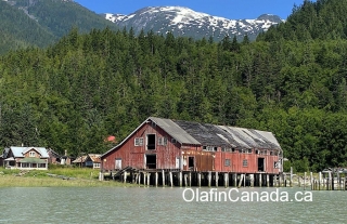 Cannery with mountain view The Tallheo Cannery with the snow-capped mountains in the background #olafincanada #britishcolumbia #discoverbc #abandonedbc #tallheocannery #bellacoola