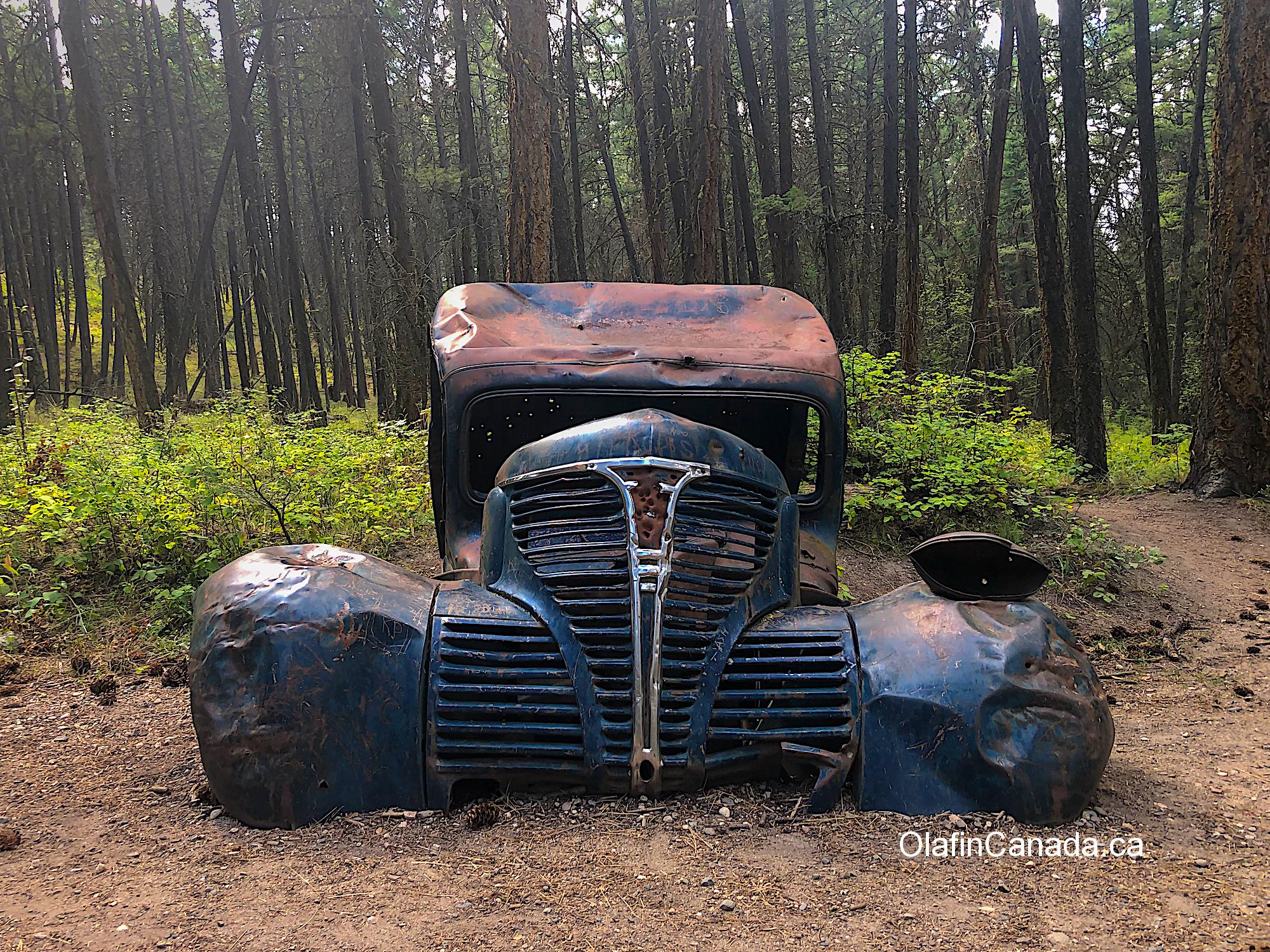 Old car sunk in the ground at Ellison Provincial Park #olafincanada #britishcolumbia #discoverbc #abandonedbc #okanagan #car