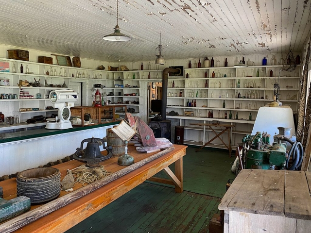 Items on the shelves in the shop at the Tallheo Cannery in Bella Coola #olafincanada #britishcolumbia #discoverbc #abandonedbc #tallheocannery #bellacoola