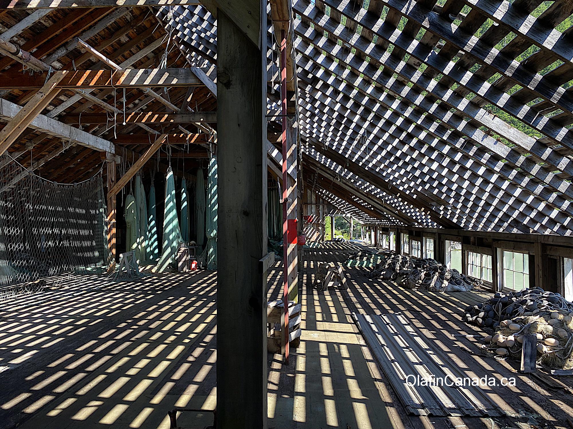 First floor in the sun of the cannery with sunlight through the roof #olafincanada #britishcolumbia #discoverbc #abandonedbc #tallheocannery #bellacoola
