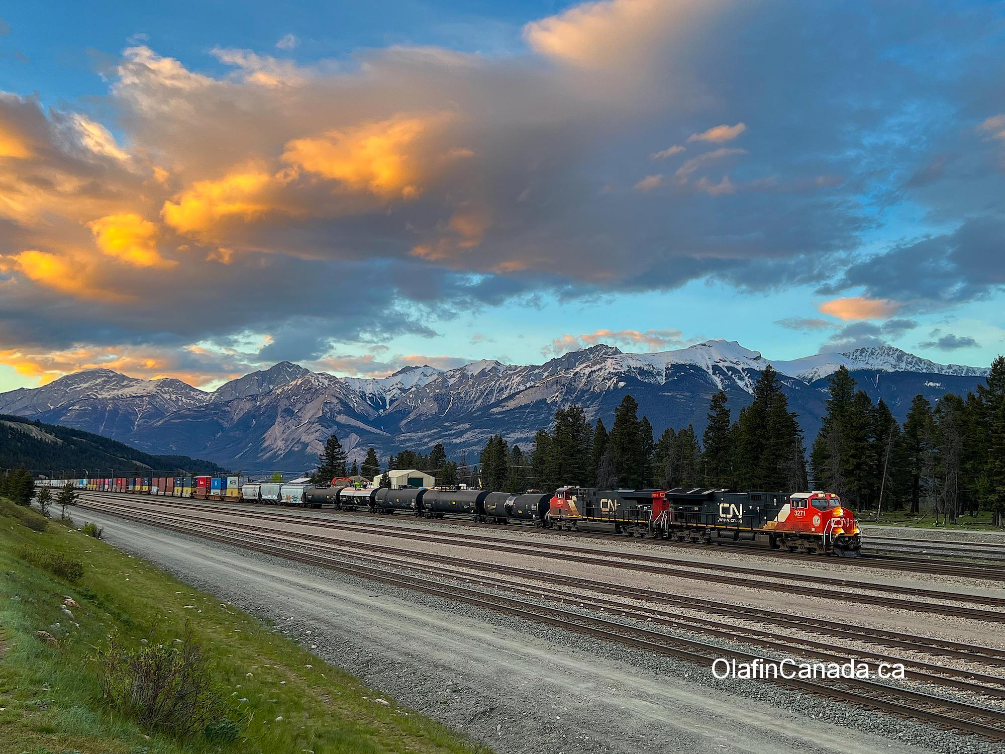 A long CN train enters the town of Jasper in the Rockies. #olafincanada #rockies #jasper #train